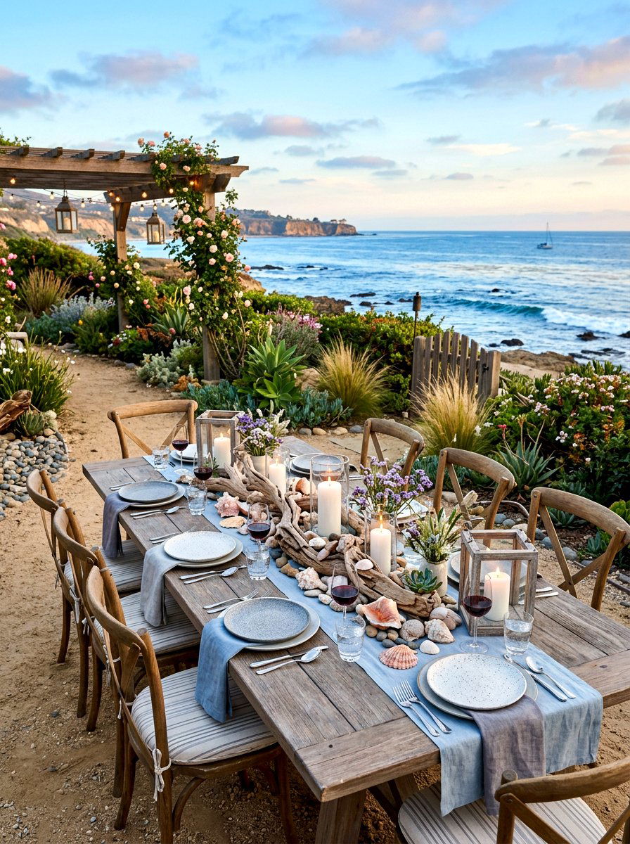 Coastal Seaside Garden Table - 30 candlelit garden dinner ideas