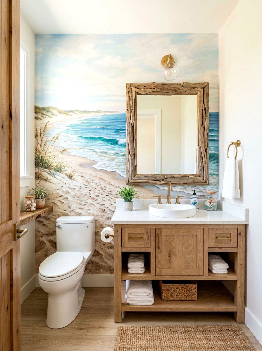 Coastal Shoreline Mural - 30 landscape mural powder room ideas
