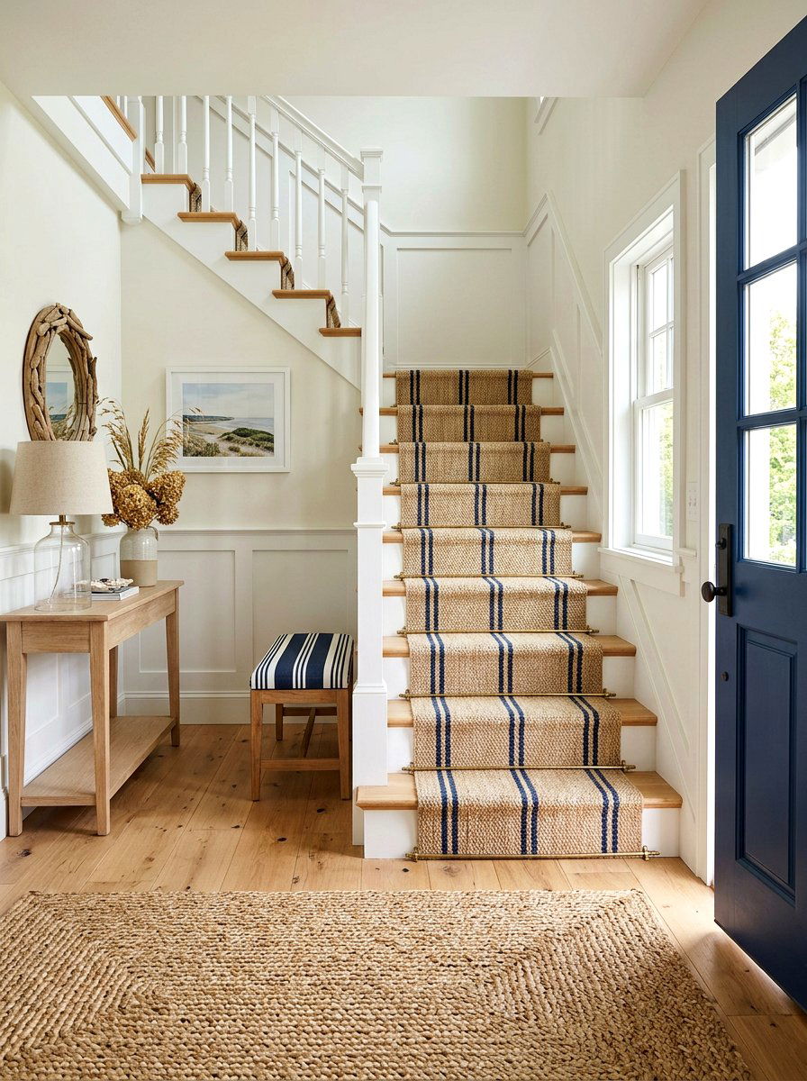 Coastal Sisal Striped Stair Runner - 30 stair runner stripe ideas