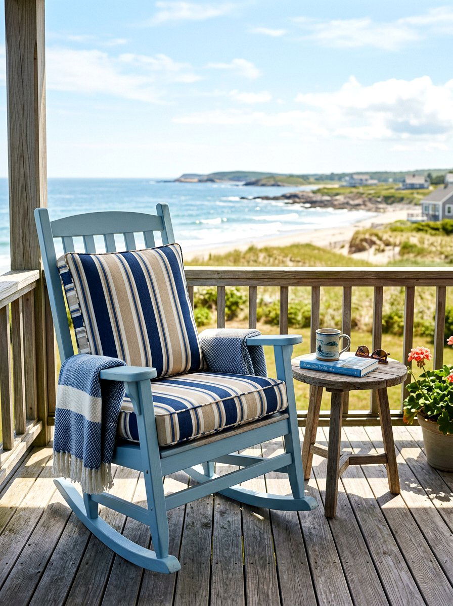 Coastal Stripe Wooden Porch Rocker - 30 striped outdoor cushion porch ideas