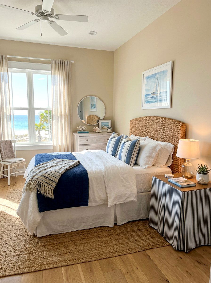 Coastal Striped Bedside Table - 30 skirted nightstand ideas