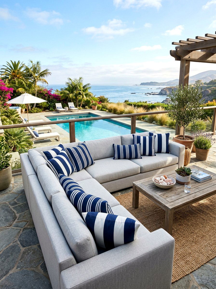 Coastal Striped Pillow - 30 California casual patio ideas
