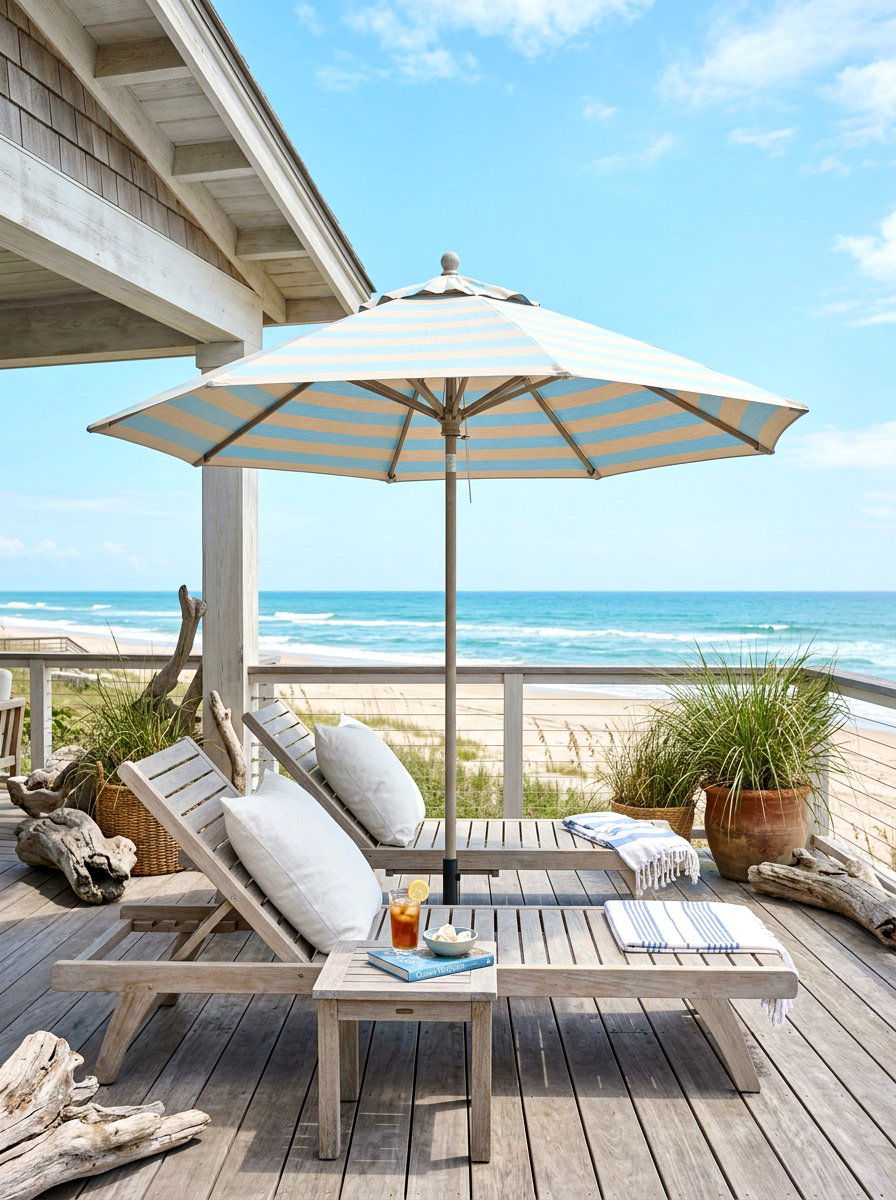 Coastal Striped Umbrella - 30 striped porch umbrella ideas