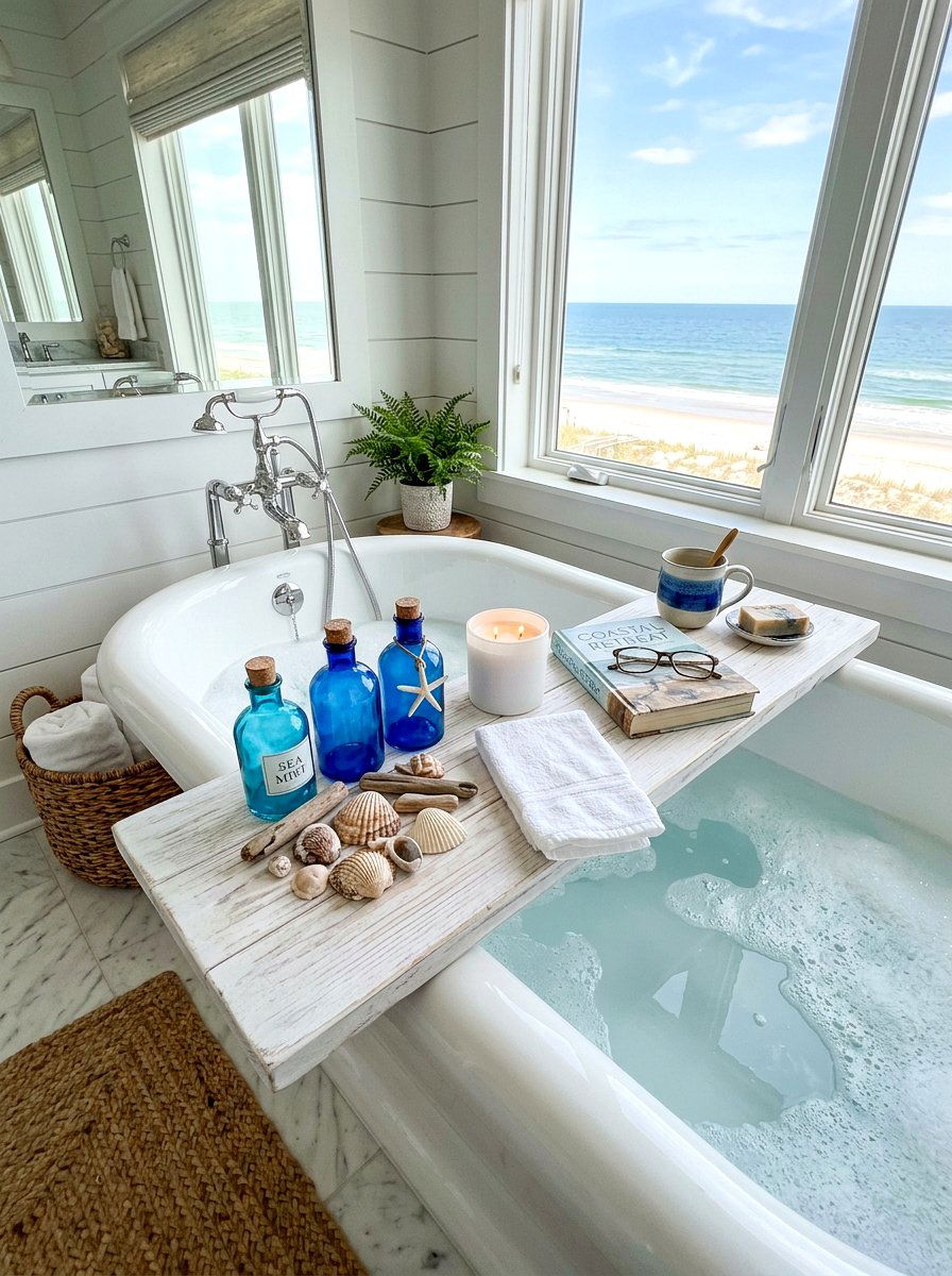 Coastal Style Blue Bath Tray - 30 bath tray styling ideas