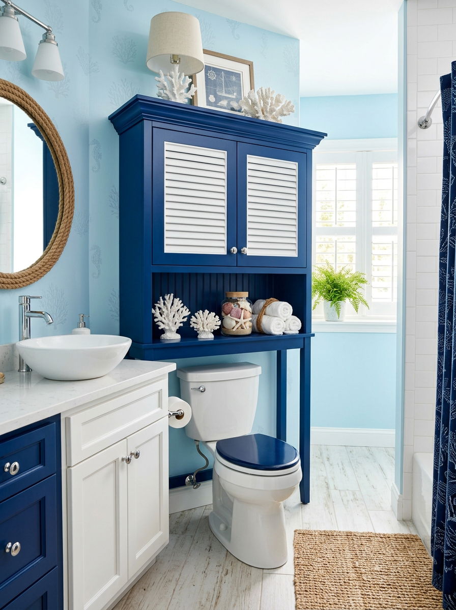 Coastal Style Blue Cabinet - 30 over toilet cabinet ideas