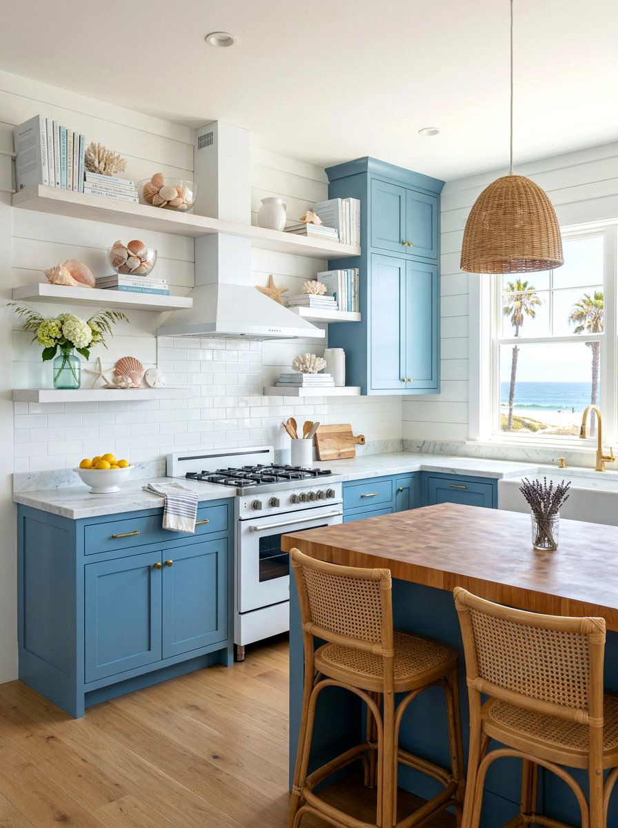 Coastal Style Blue Shelves - 30 cookbook display kitchen ideas
