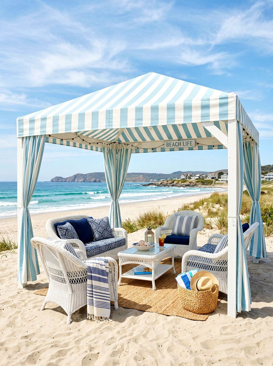 Coastal Style Striped Canopy - 30 retractable canopy patio ideas