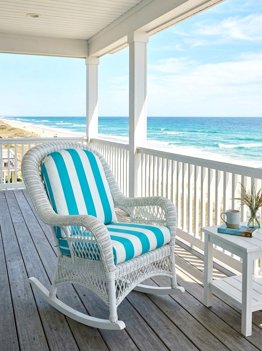 Coastal Style White Wicker Rocker - 30 porch rocking chair ideas