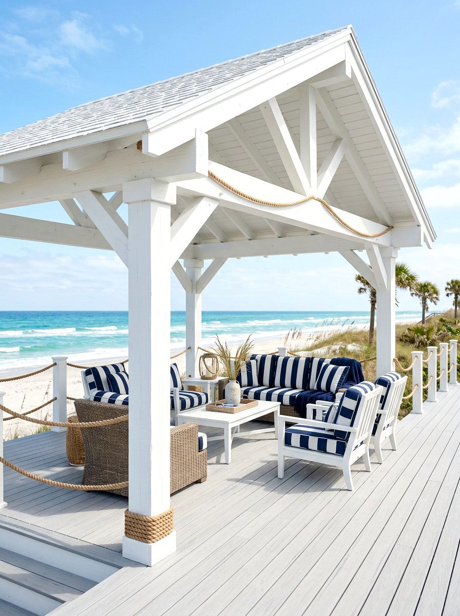 Coastal Style White Wood Pavilion - 30 backyard cabana lounge ideas