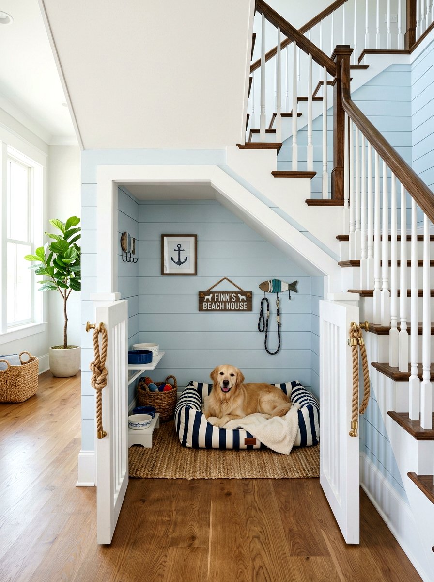 Coastal Theme Dog Retreat - 30 under stairs dog nook ideas