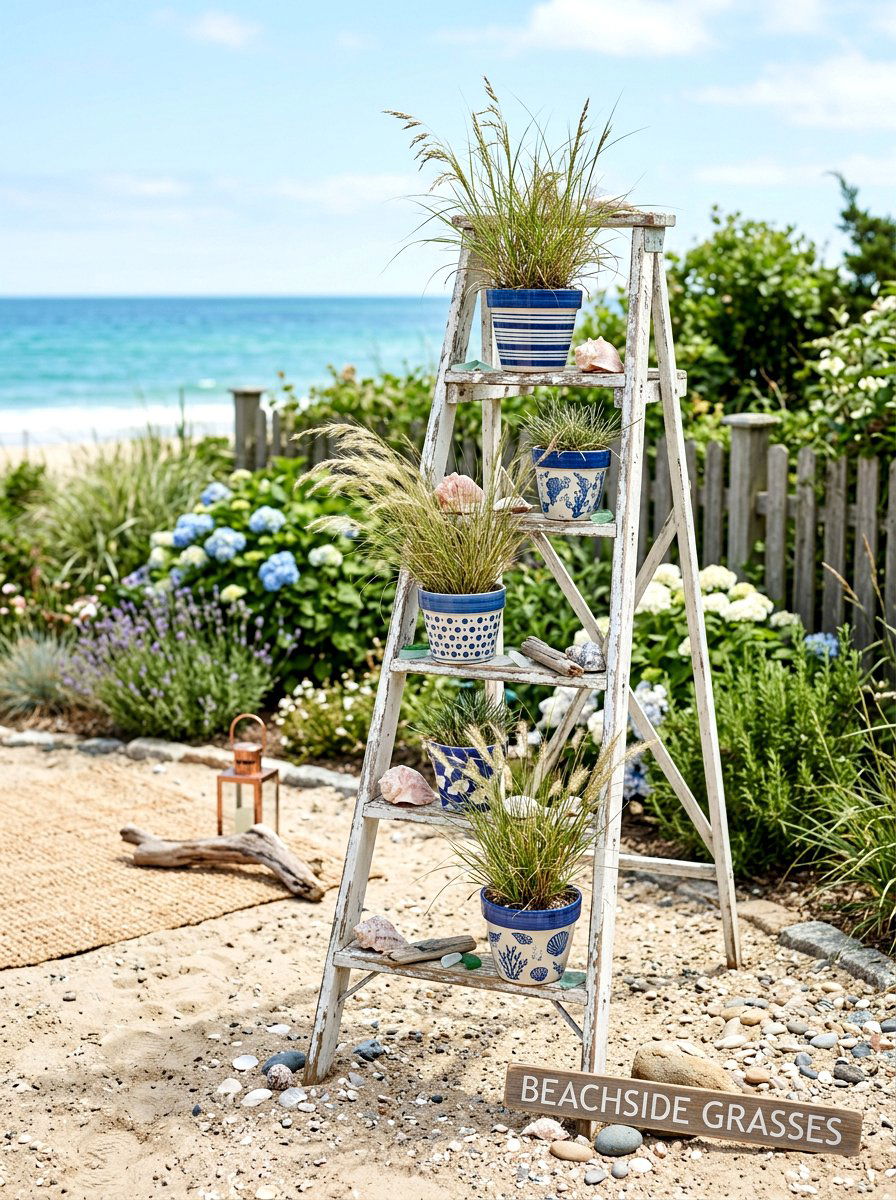 Coastal Theme Ladder - 30 repurposed ladder garden ideas