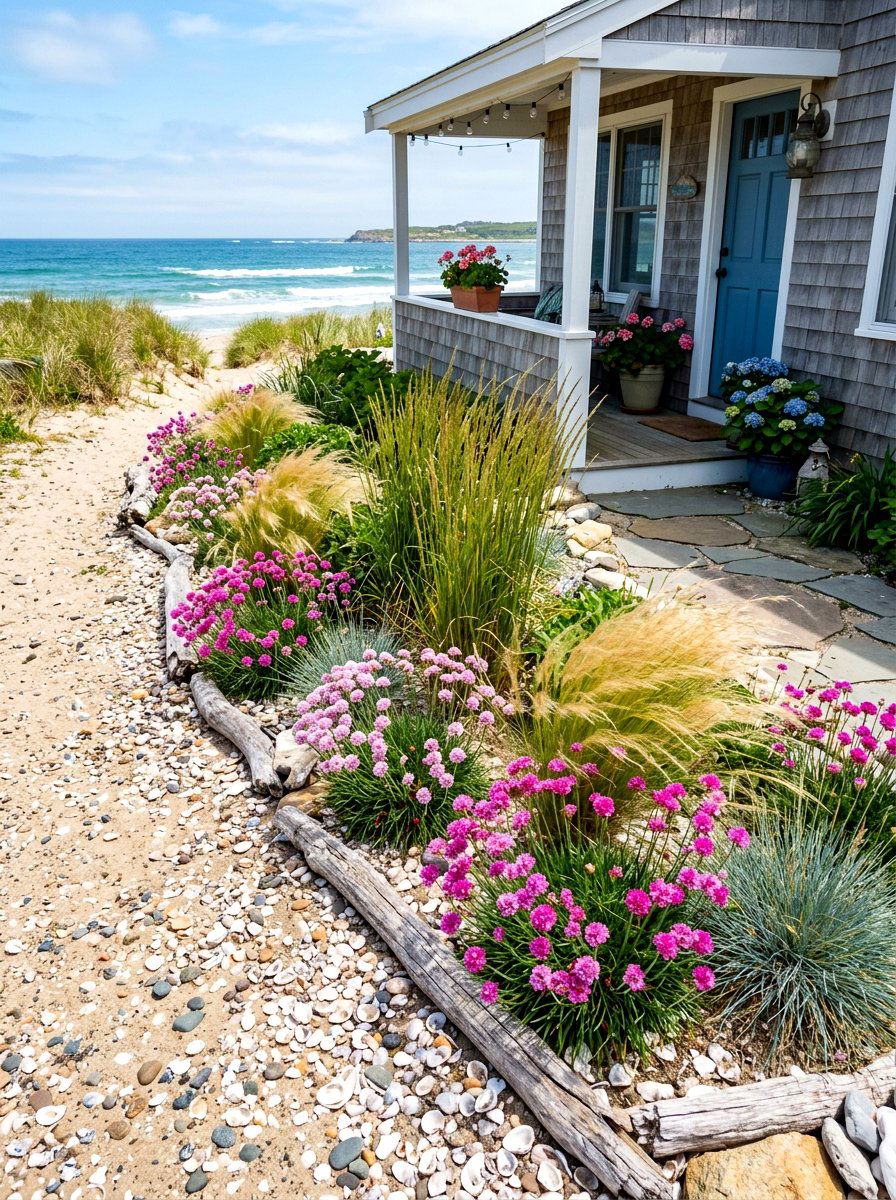 Coastal Themed Sandy Foundation Borders - 30 foundation flower bed ideas