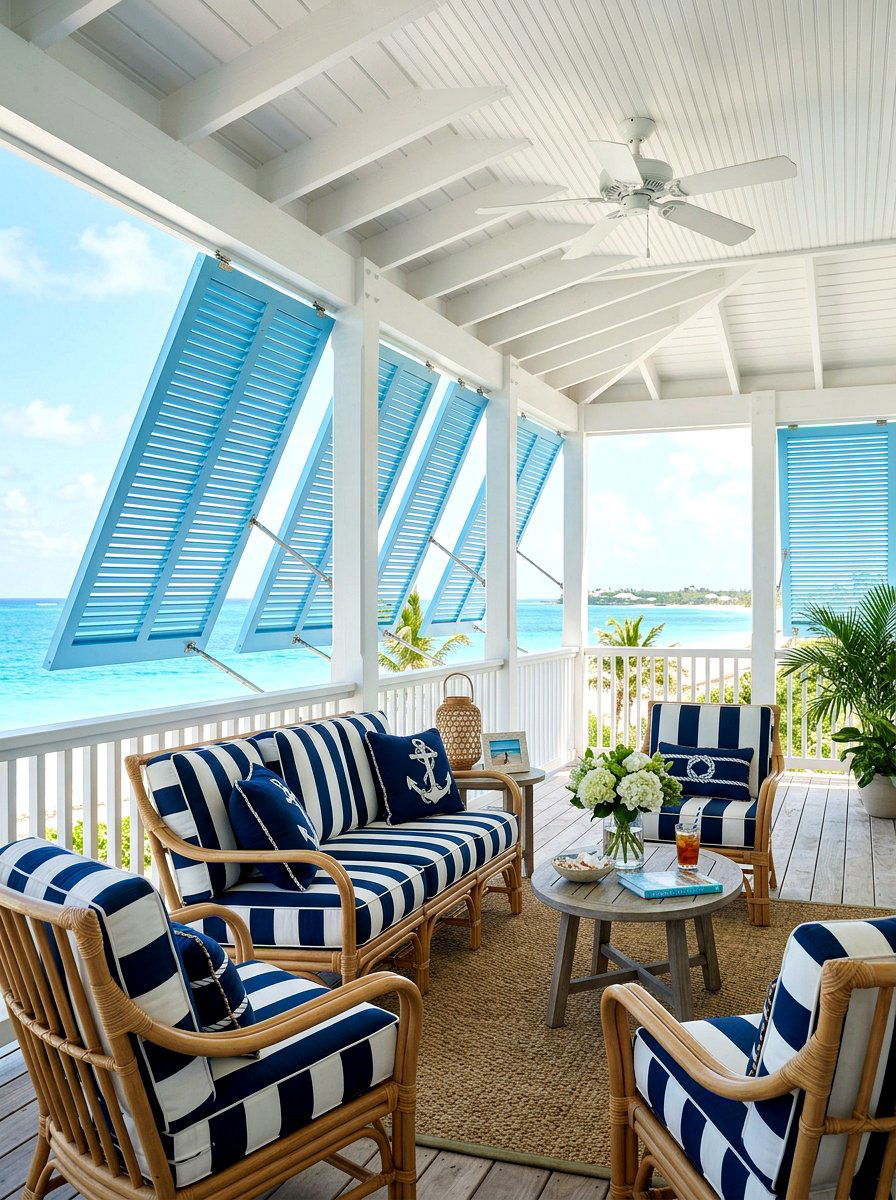 Coastal Veranda with Bahama Shutters - 30 rainproof patio ideas