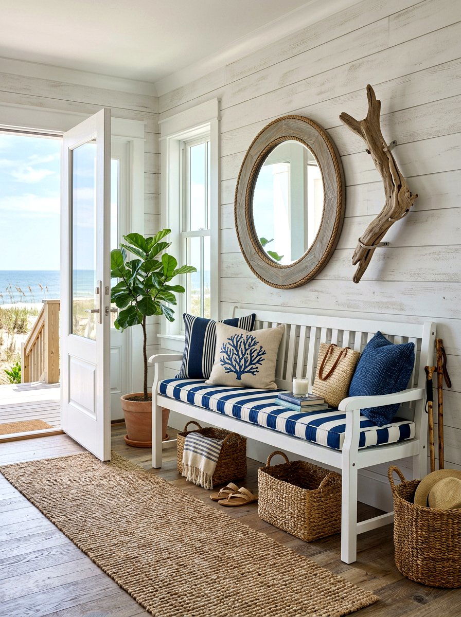 Coastal White Bench Decor - 30 entryway bench ideas