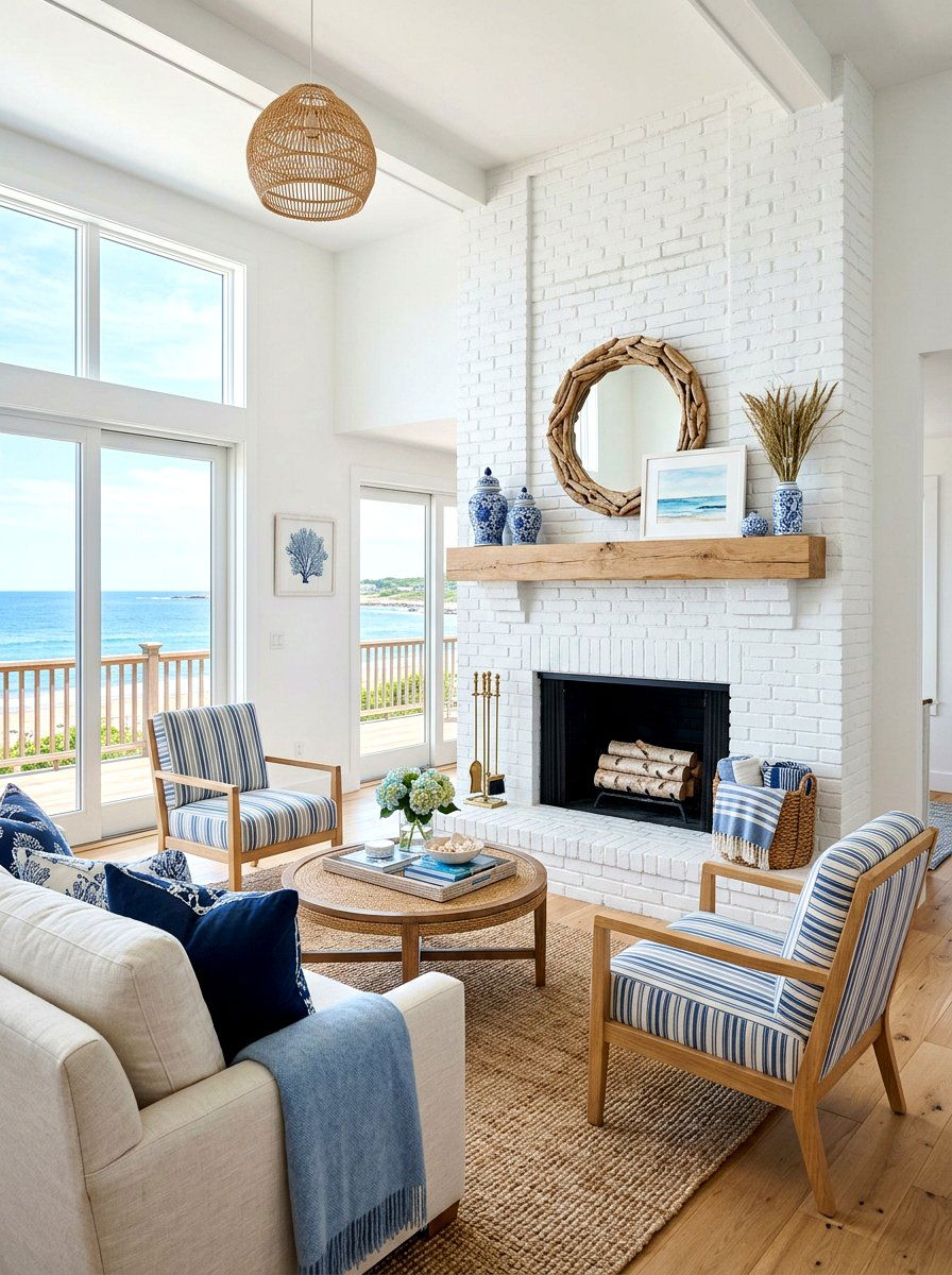 Coastal White Brick Fireplace - 30 coastal home decor ideas