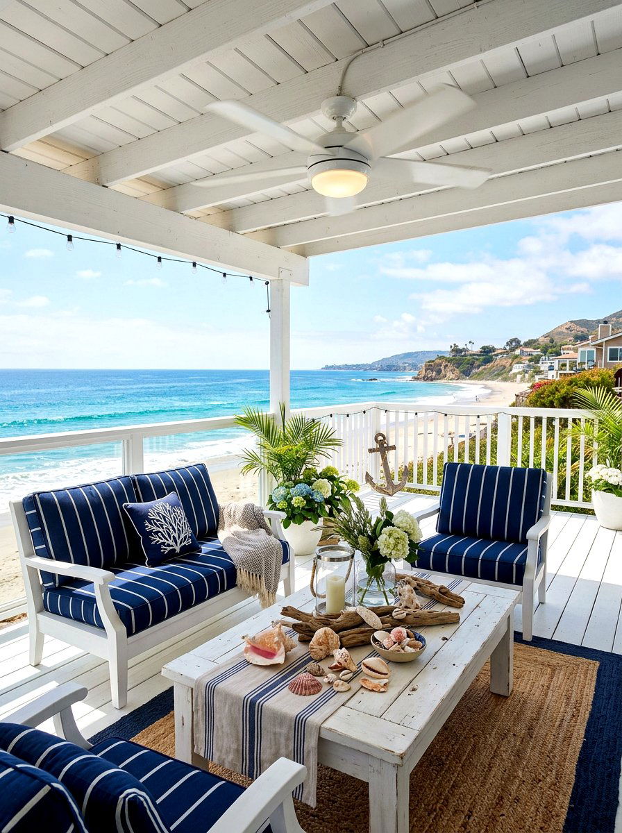 Coastal White Deck - 30 covered deck dining ideas