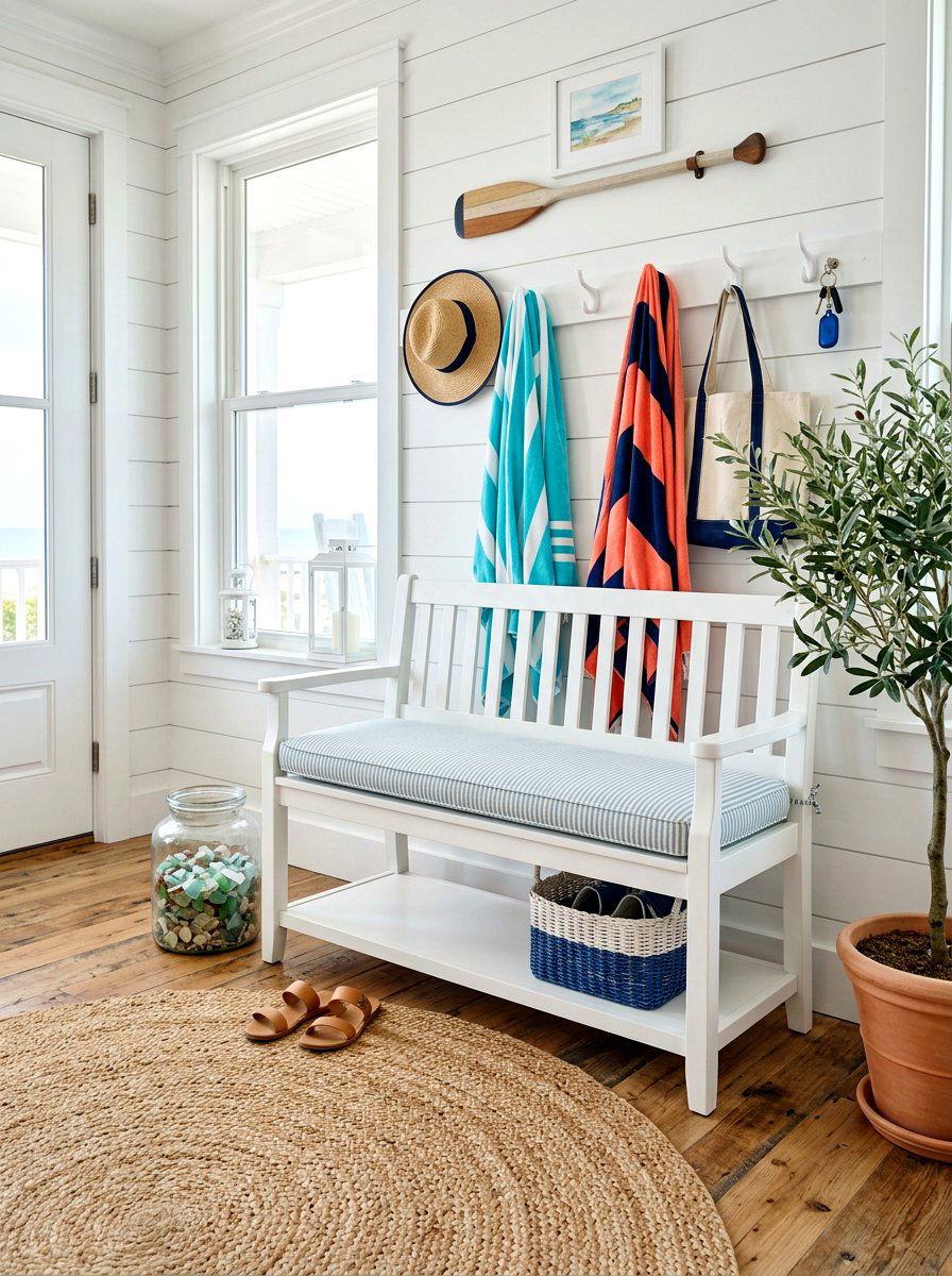 Coastal White Entry Bench With Hooks - 30 entry bench and hooks ideas
