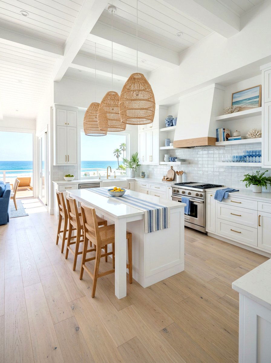 Coastal White Kitchen With Light Wood Floors - 30 white and wood kitchen ideas