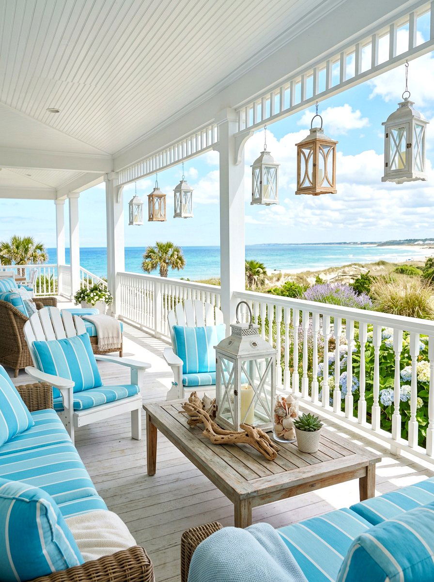 Coastal White Lantern Veranda - 30 candle lantern patio ideas
