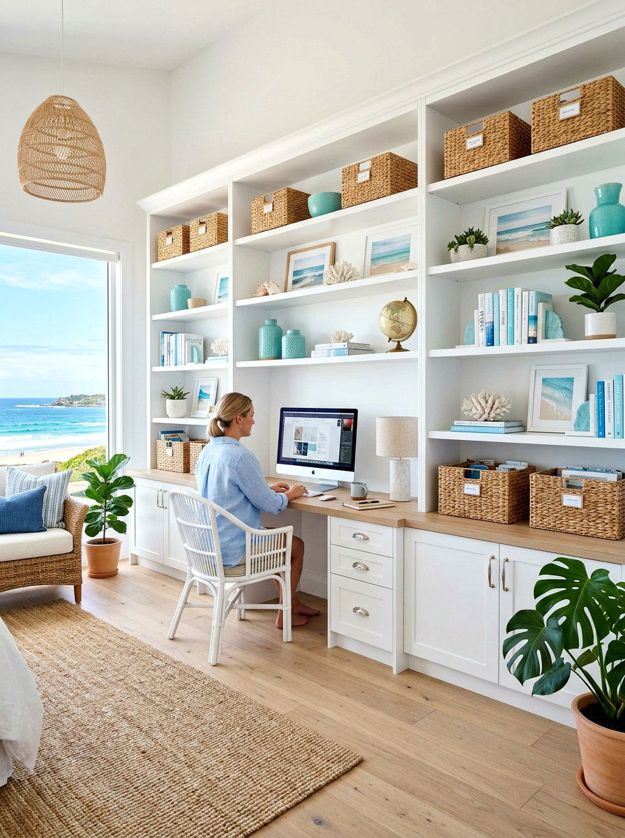 Coastal White Office Shelving - 30 white office built in ideas