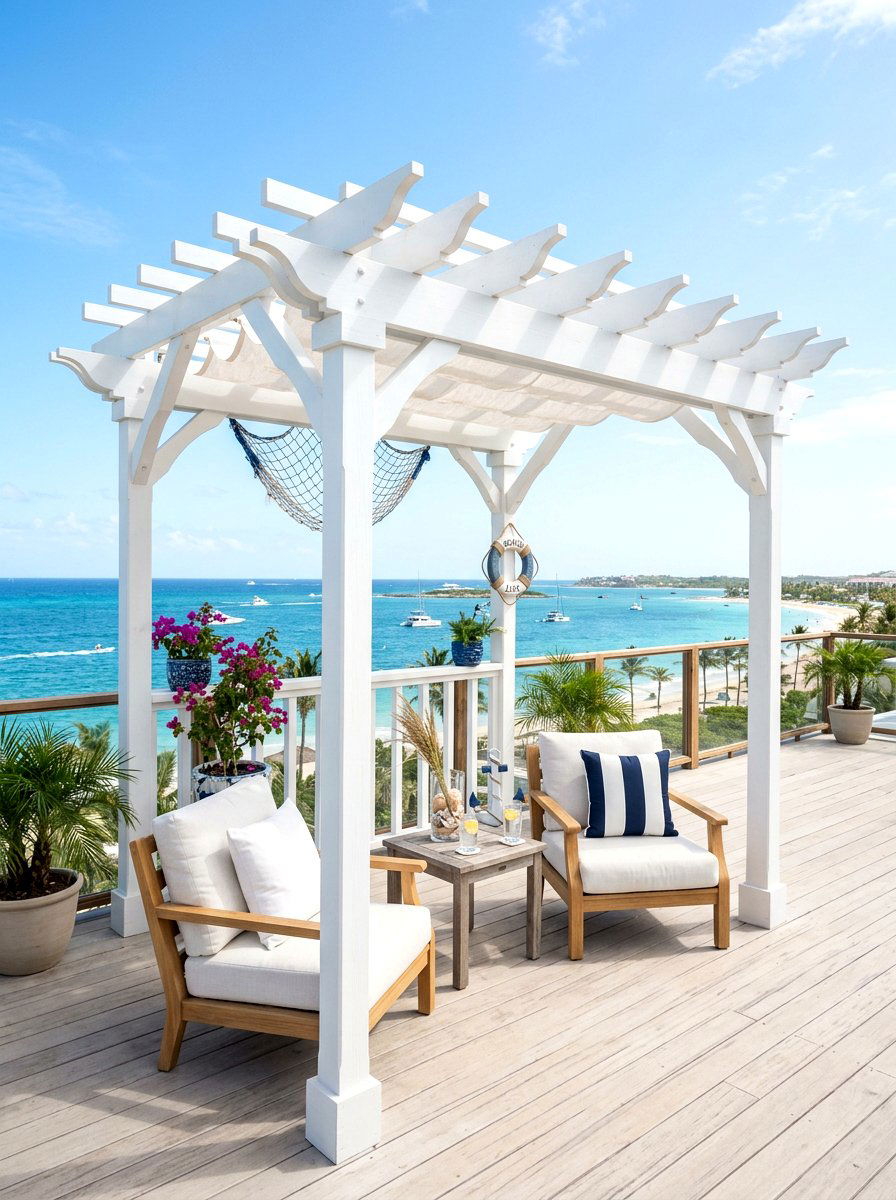 Coastal White Pergola - 30 outdoor breakfast pergola ideas