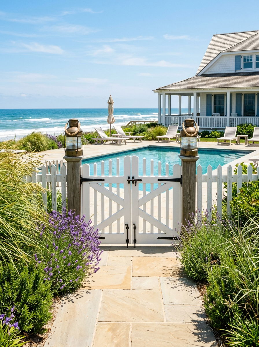Coastal White Pool Gate - 30 pool gate ideas