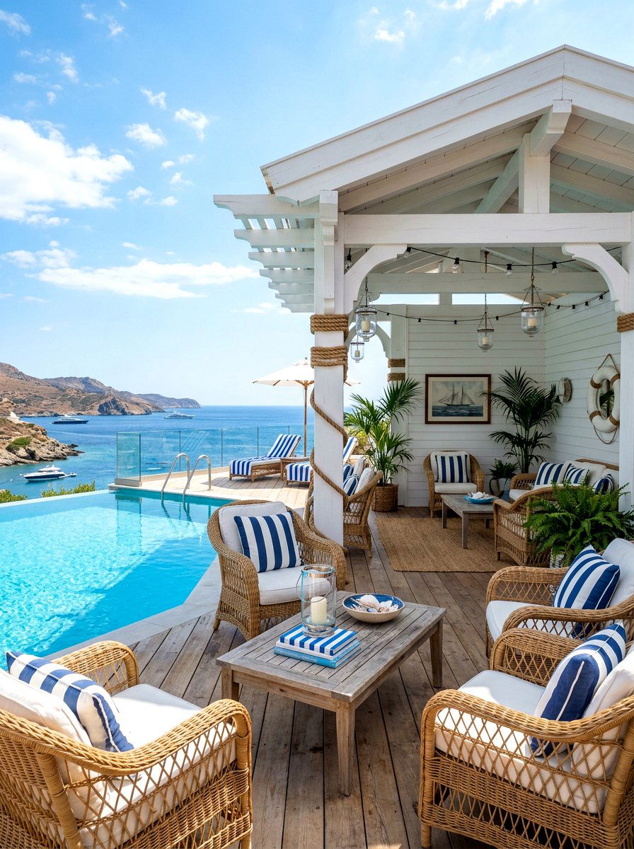 Coastal White Pool Lounge - 30 pool house lounge backyard ideas