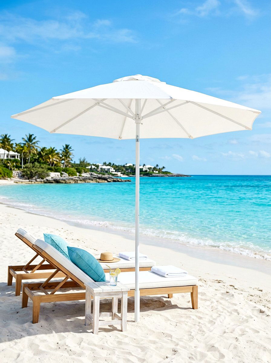 Coastal White Pool Umbrella - 30 poolside umbrella lounge ideas