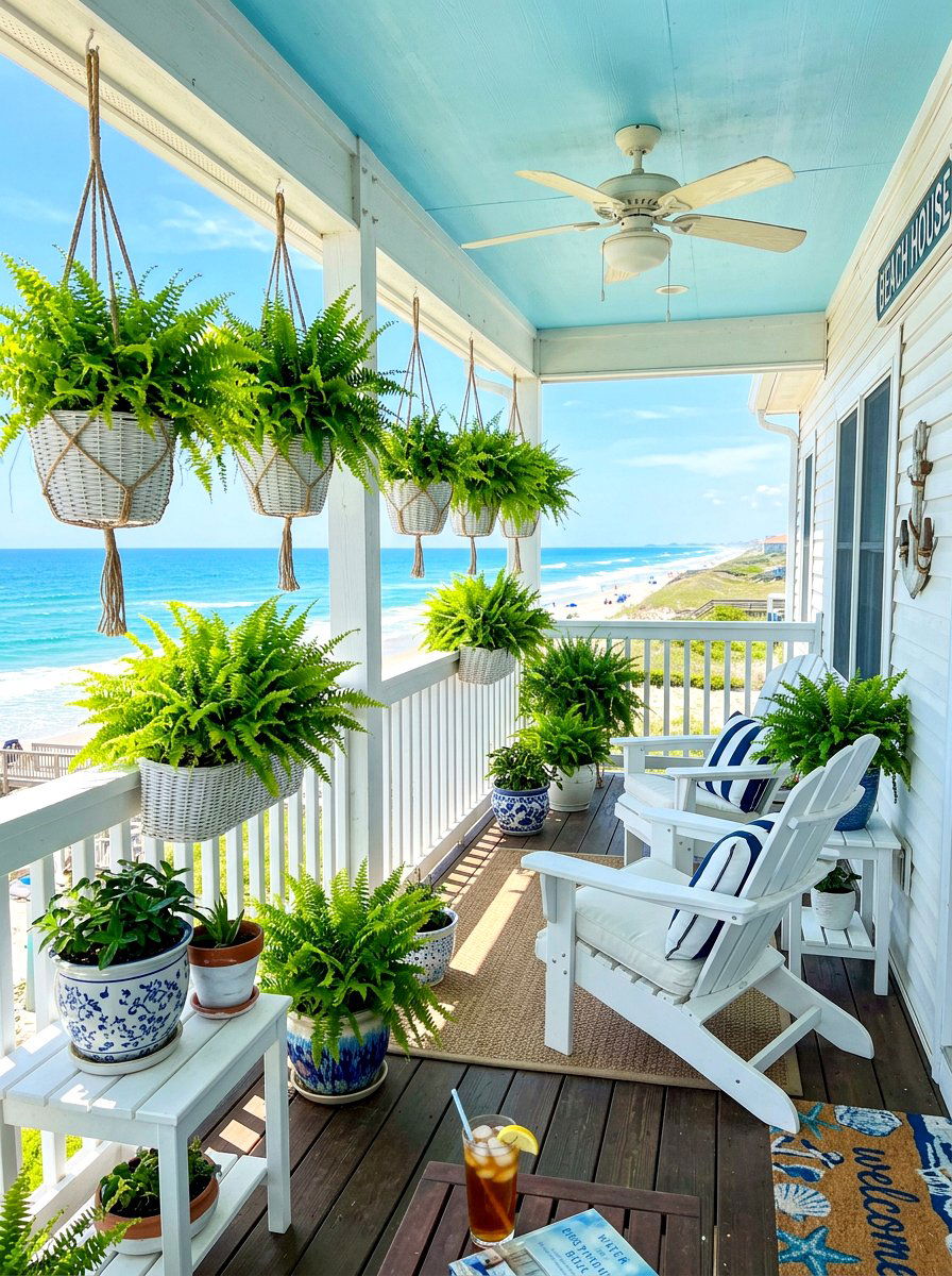 Coastal White Porch Ferns - 30 fern filled front porch ideas