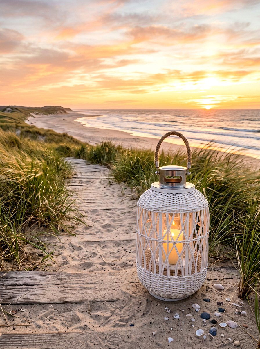 Coastal White Rattan Lantern - 30 lantern pathway ideas