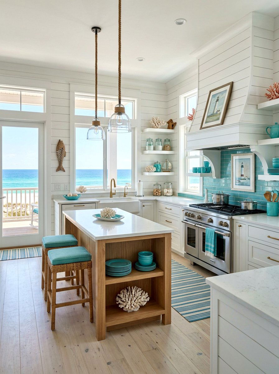 Coastal White Shiplap Curved Hood - 30 rounded kitchen hood ideas