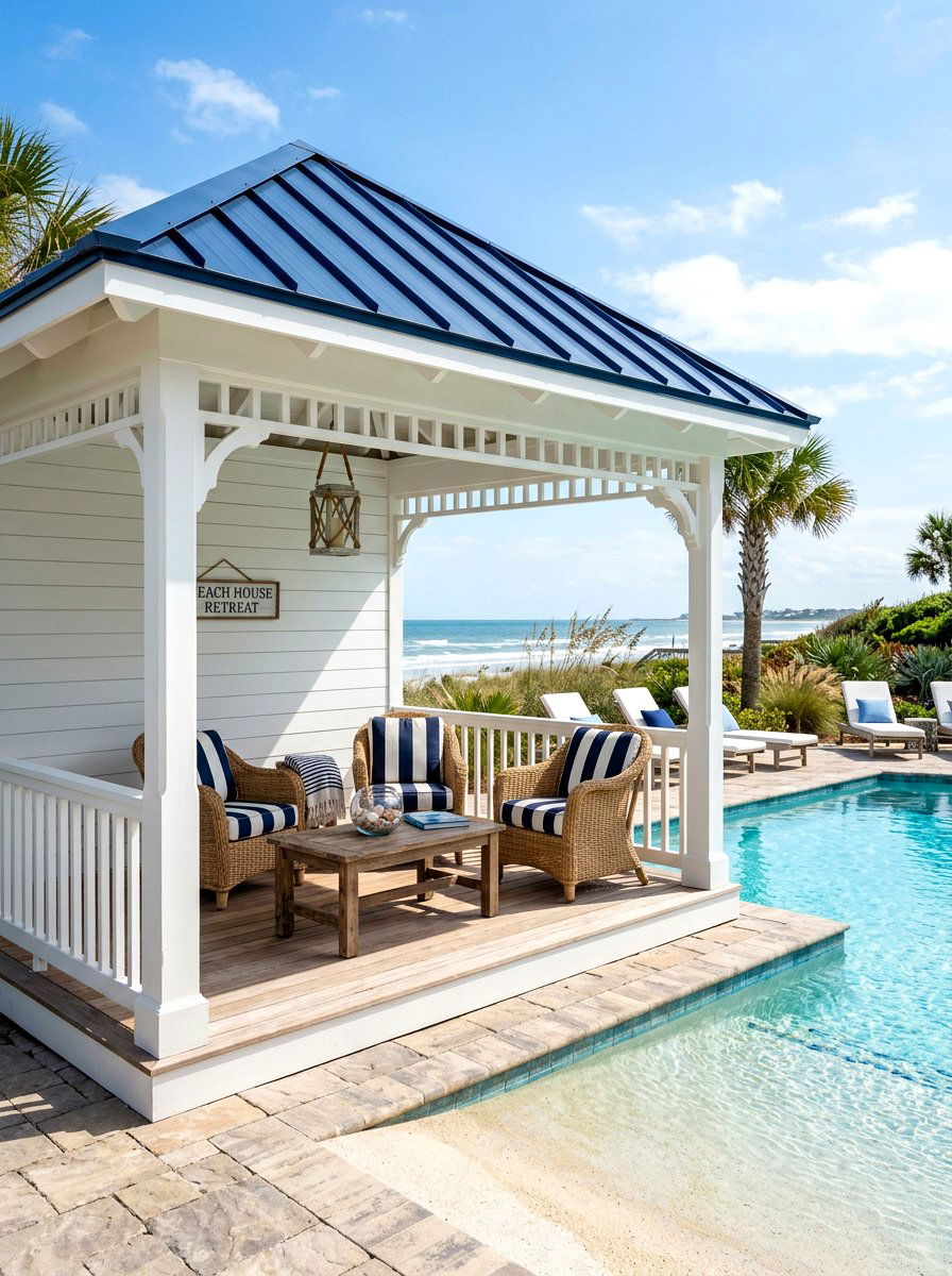 Coastal White Shiplap Gazebo - 30 poolside gazebo ideas