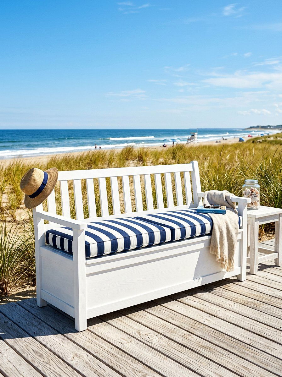Coastal White Storage Bench - 30 outdoor storage bench ideas