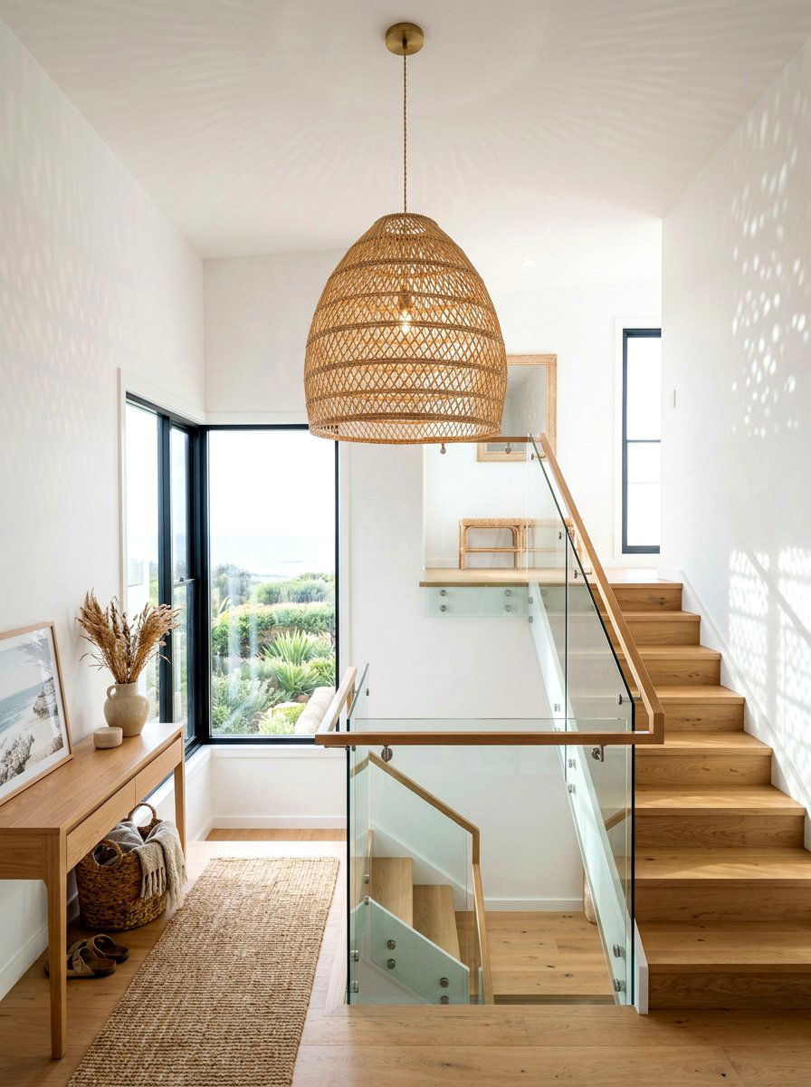 Coastal Woven Rattan Shade - 30 stairway chandelier ideas
