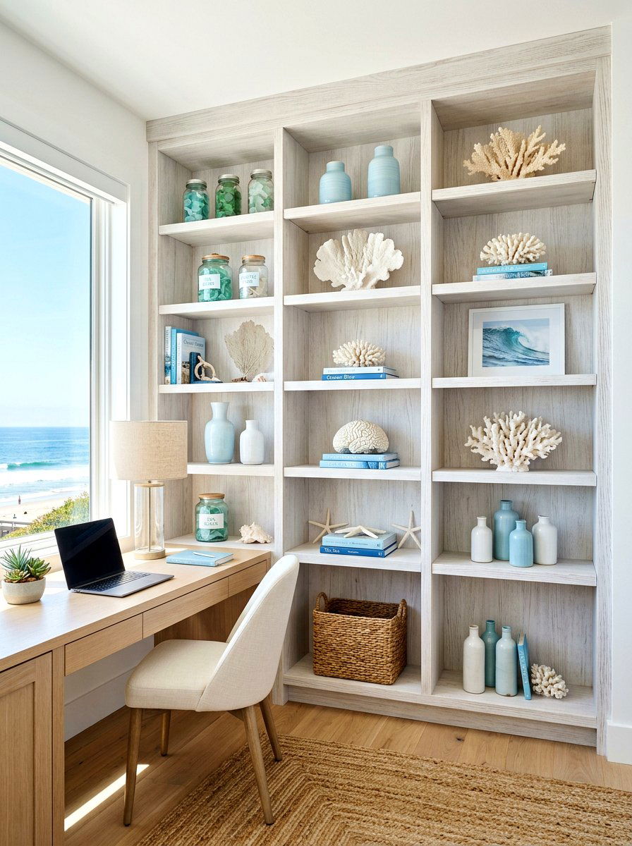 Coastal airy office shelves - 30 home office shelf ideas