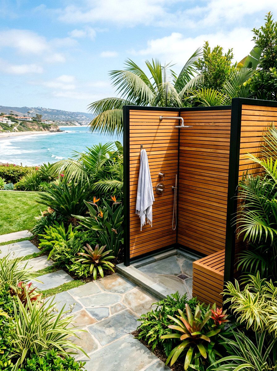 Coastal backyard with outdoor shower - 30 coastal exterior ideas