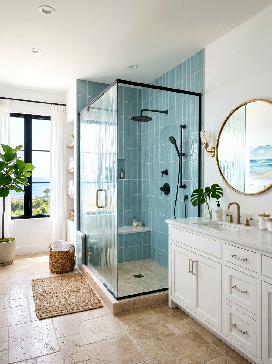 Coastal bathroom fluted glass shower - 30 ribbed glass shower ideas
