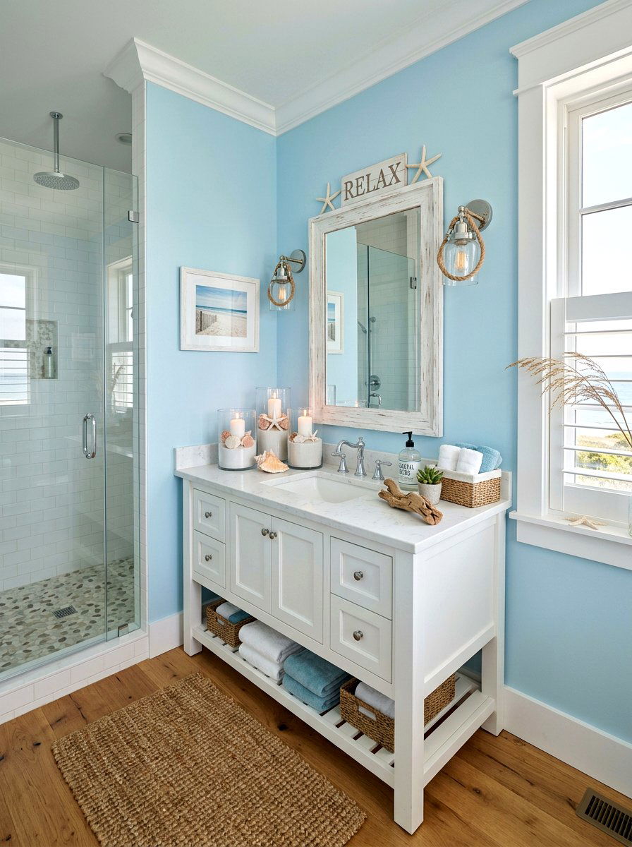 Coastal bathroom with sand and sea candles - 30 candlelit bathroom ideas
