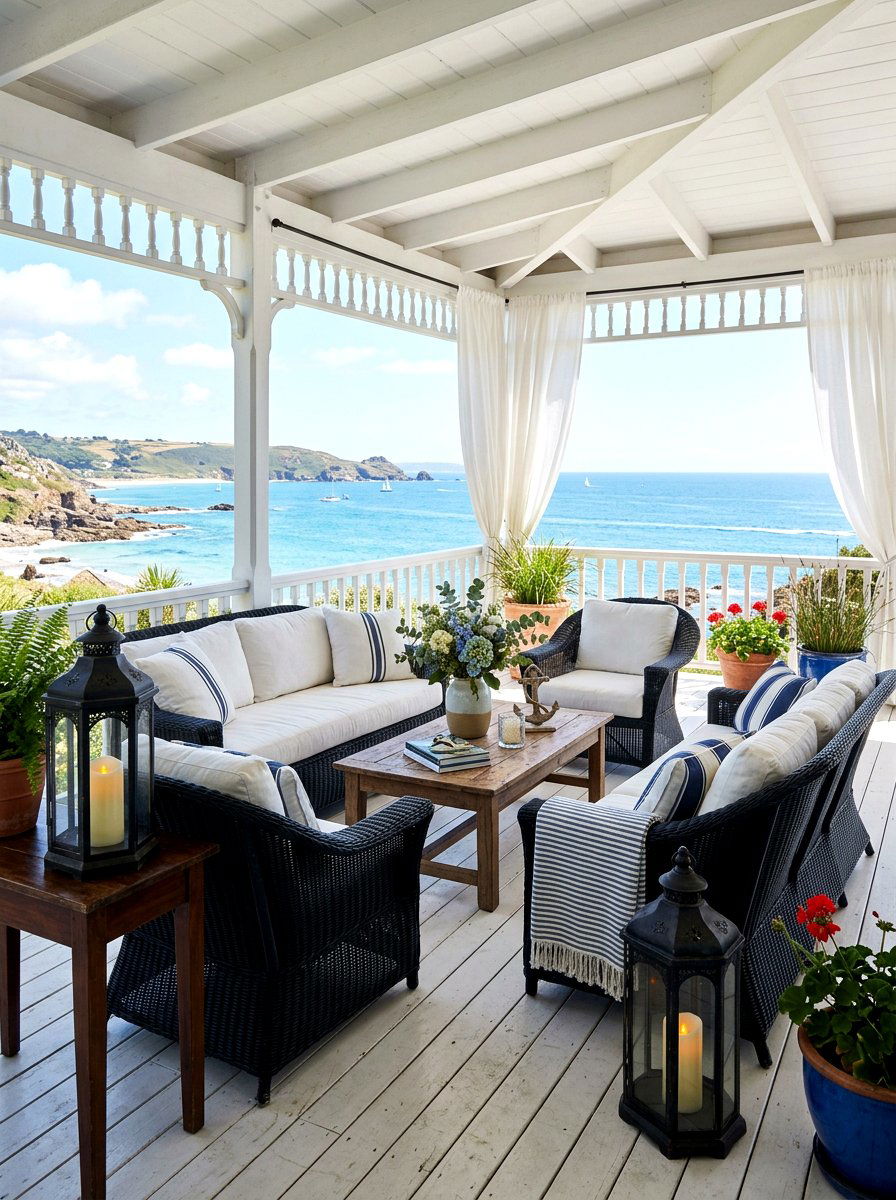 Coastal black and white veranda - 30 black and white patio ideas