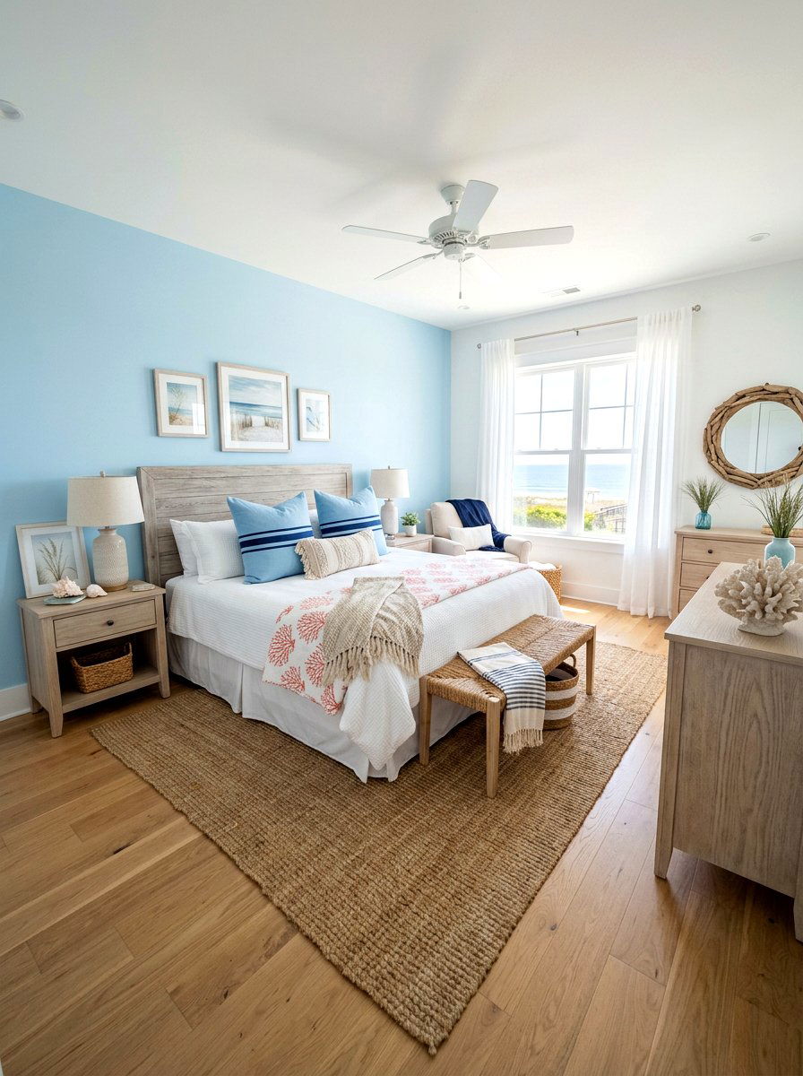 Coastal blue European pillow arrangement - 30 European pillow styling ideas
