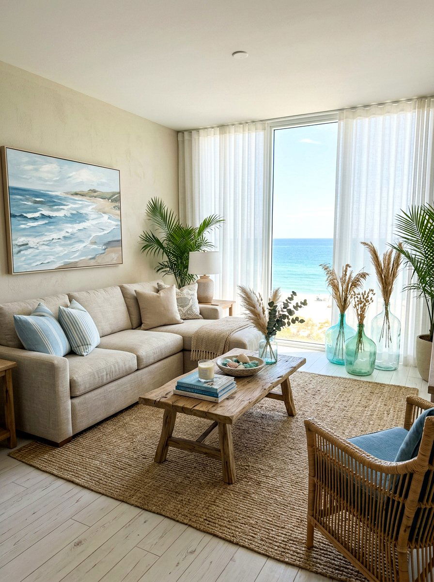 Coastal blue and beige living room - 30 blue and beige living room ideas