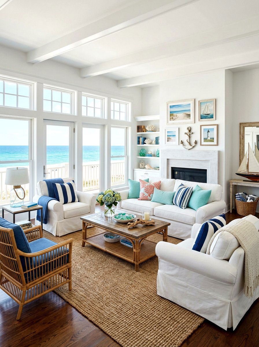 Coastal blue and white living room - 30 soft blue living room ideas
