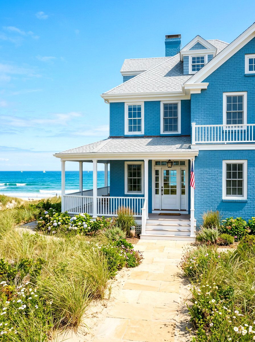 Coastal blue brick exterior - 30 painted brick house ideas