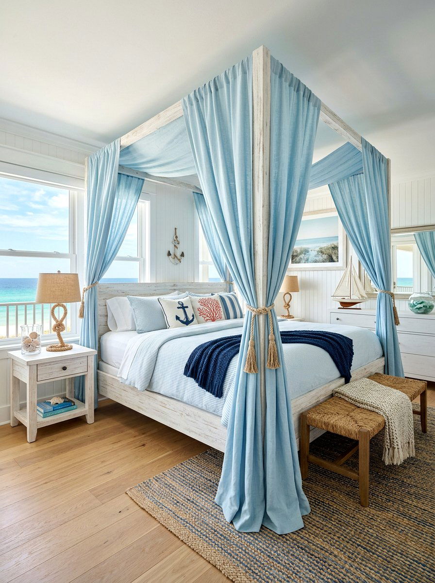 Coastal blue canopy bed - 30 draped canopy bed ideas