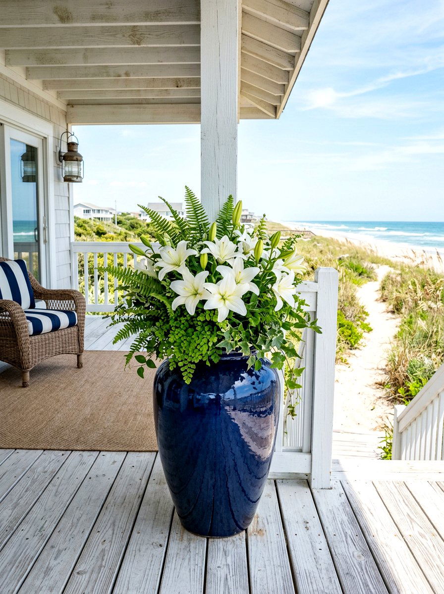 Coastal blue ceramic urn - 30 porch urn planter ideas