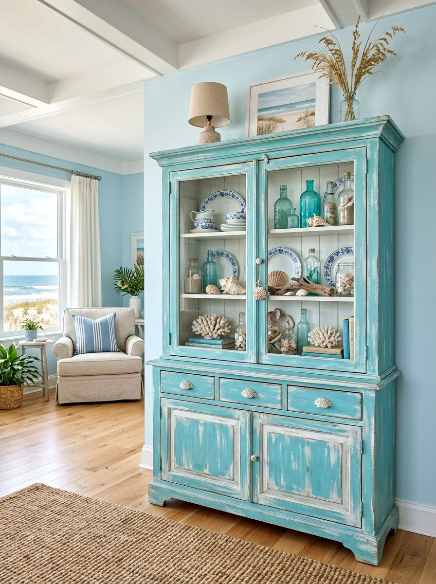 Coastal blue china cabinet - 30 china cabinet makeover ideas