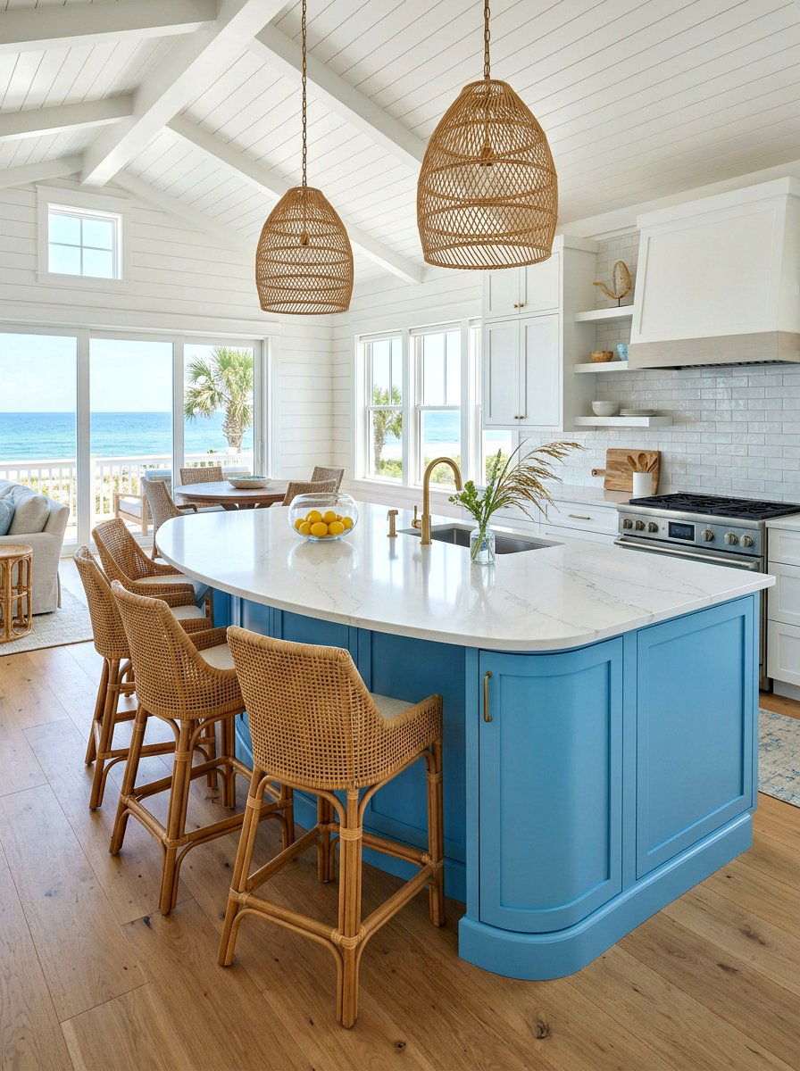 Coastal blue curved island - 30 curved kitchen island ideas
