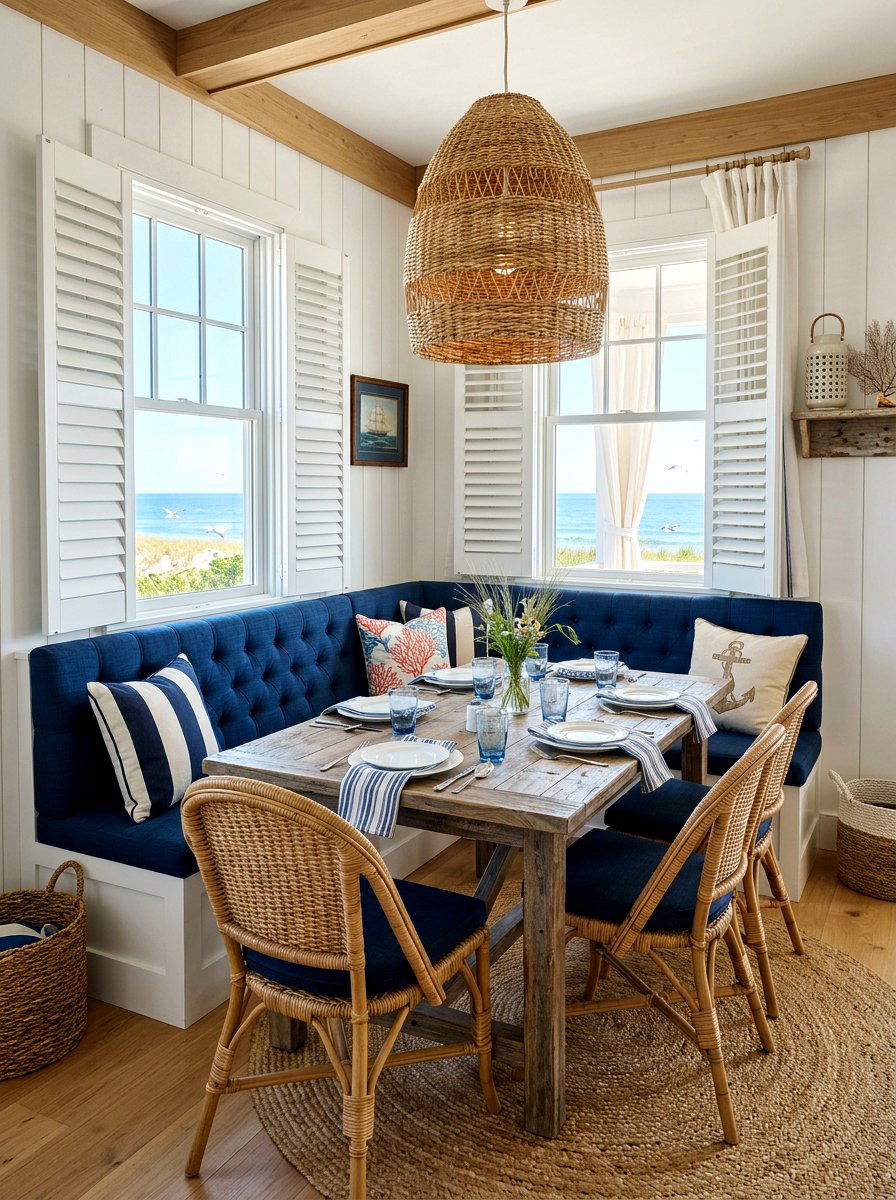 Coastal blue dining nook - 30 curved banquette dining ideas