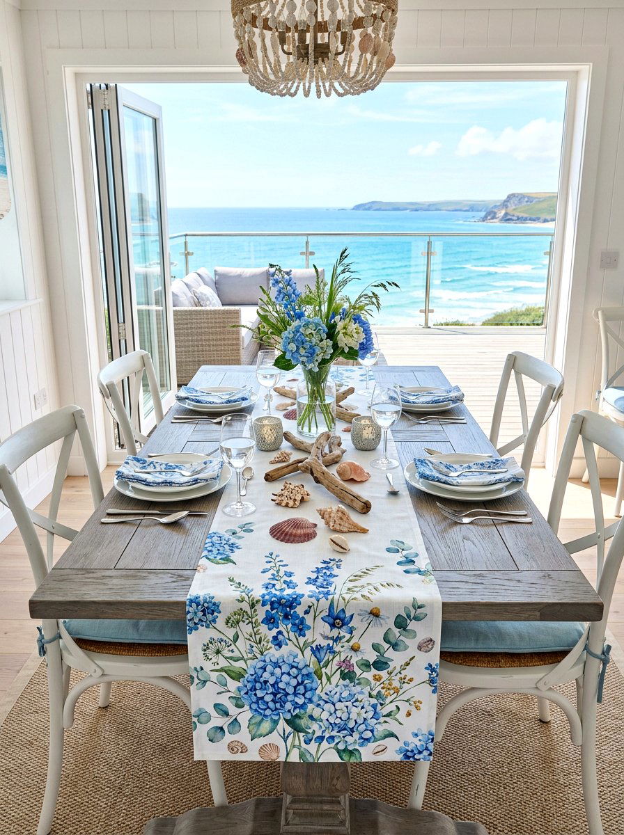 Coastal blue floral table runner - 30 floral table runner ideas