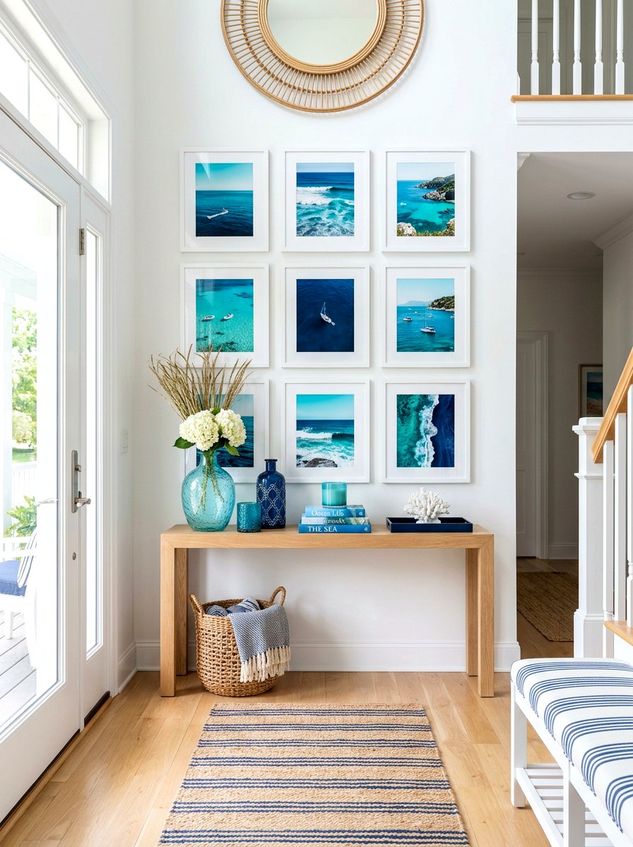 Coastal blue foyer art - 30 salon wall entry ideas